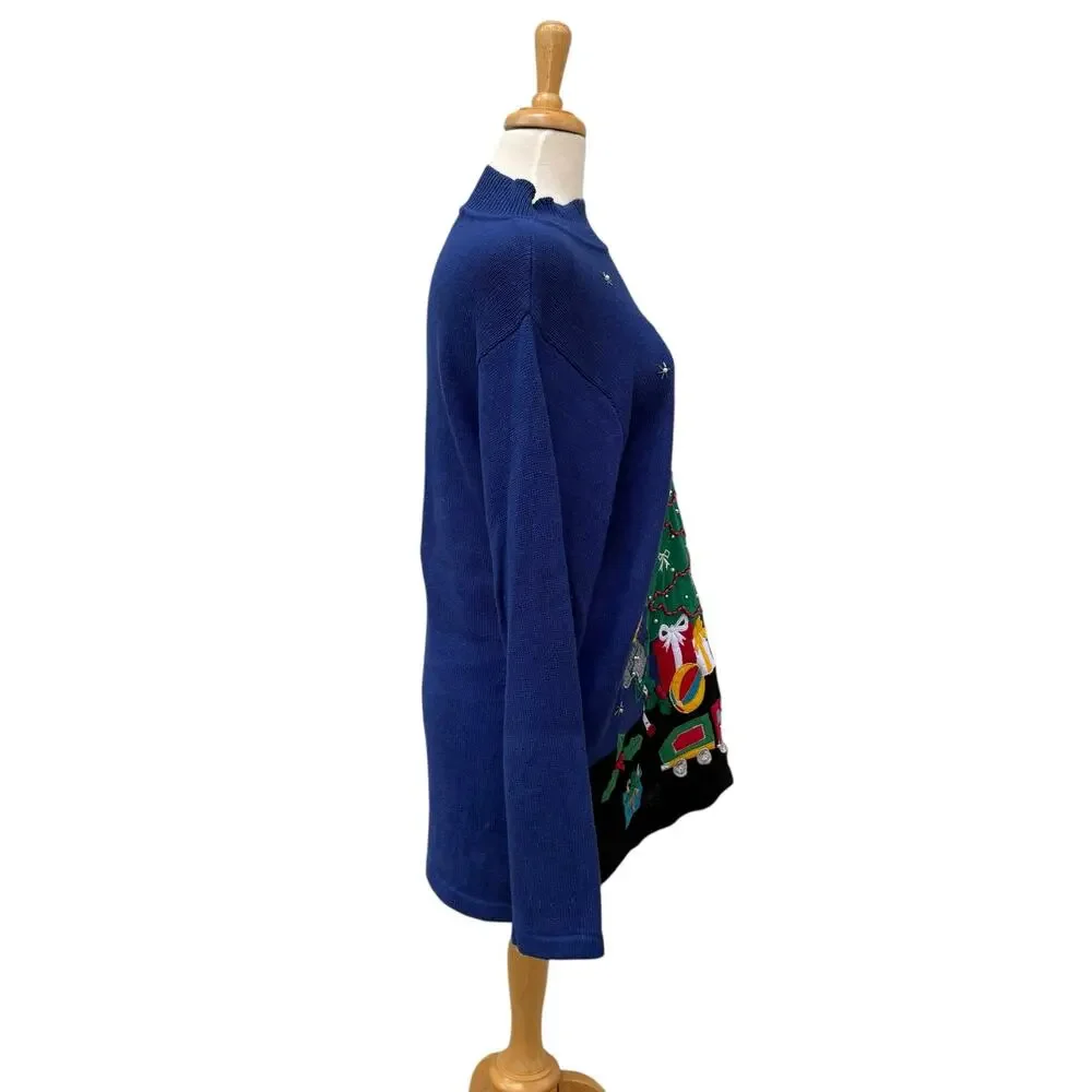 VTG Ugly Christmas Sweater‎ Lg Blue Tree Presents Oversized Ramie Holiday Granny
